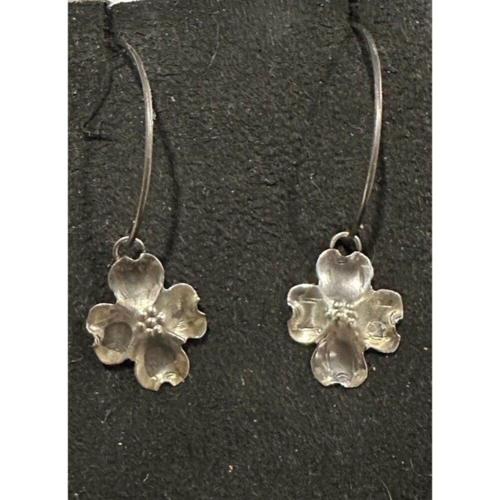 Artisan Modernist Brutalist Flower Dogwood Threader Sterling Silver 925 Earrings